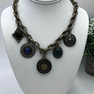 LOFT Charm Statement Disc Boho‎ Green Blue Cabochon Medallion 
Chunky Necklace